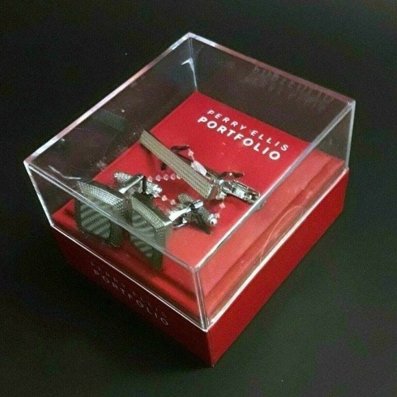 New Perry Ellis Men's Set Silver Cuff-links & Clip - Picture 6 of 8